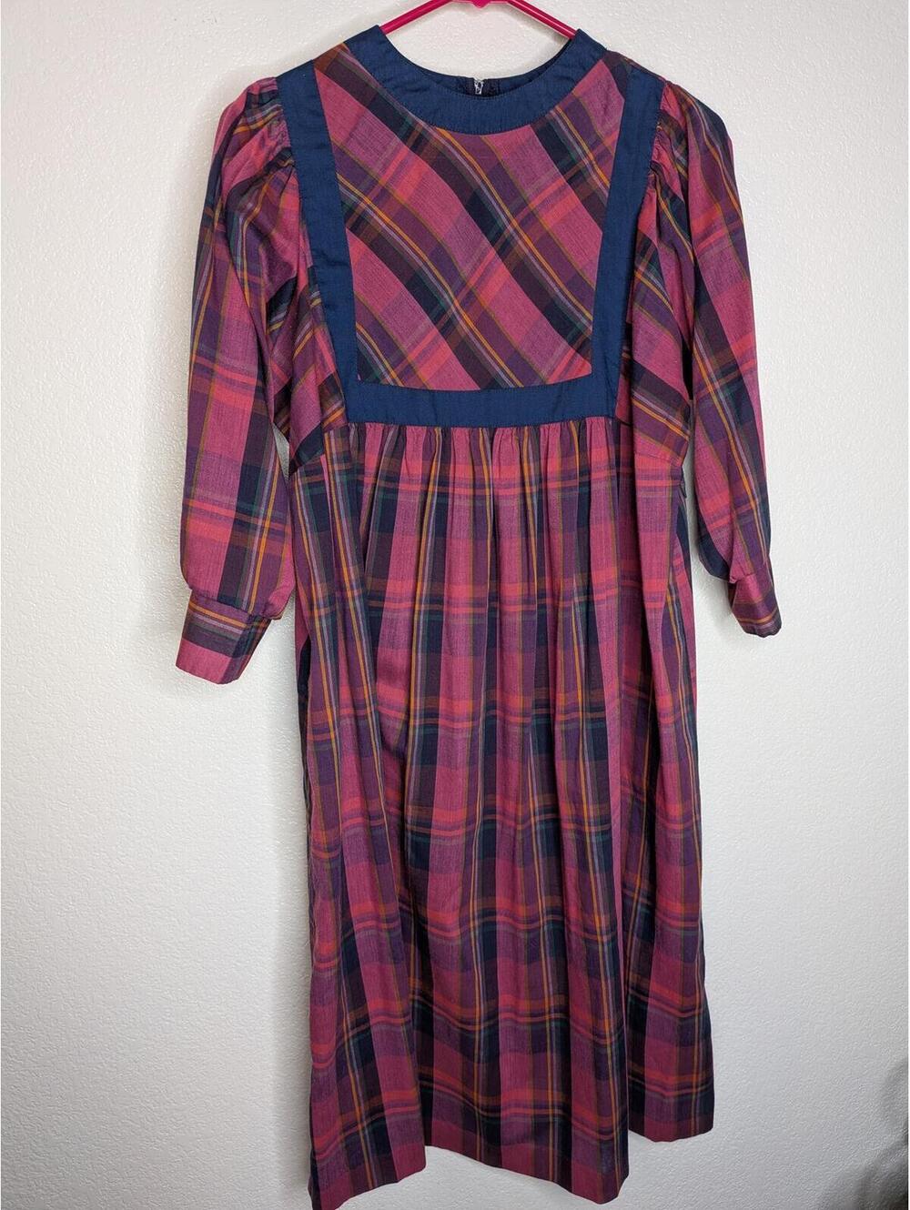 Vintage Jeannette Maternities Plaid Prairie Midi Dress Pink Purple Women's